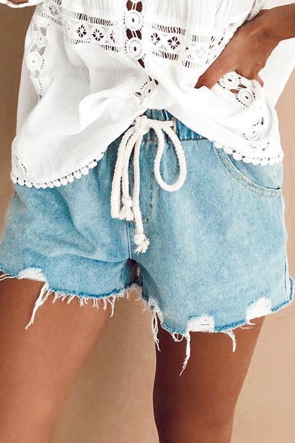 Casual  Elastic Waist Bleach Wash Denim shorts