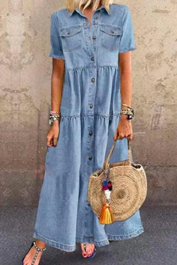 On-trend Denim Long Dress(With Buttons)