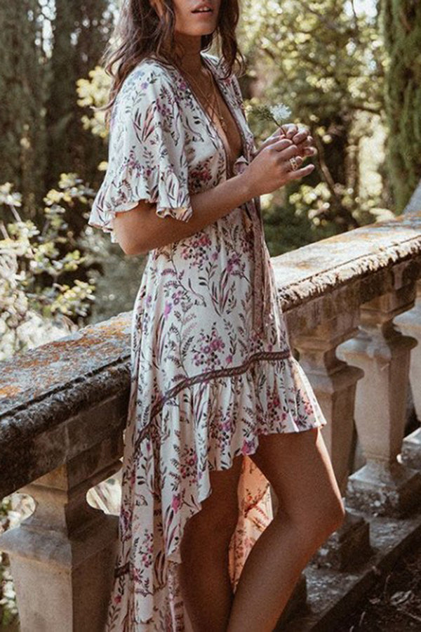 Bohemian Deep V Neck Lace Backless Retro Printed Large Irregular Dress