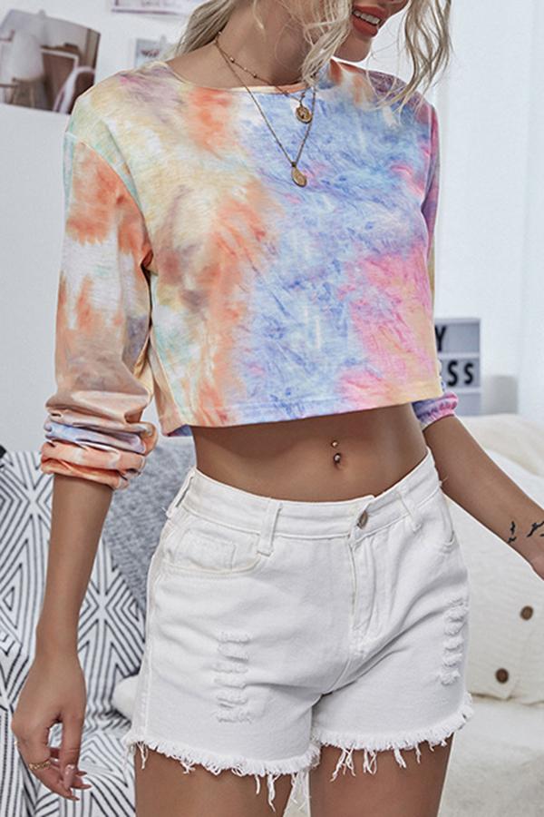 Casual Tie-dye Tie Short Long-sleeved T-shirt