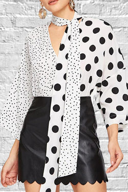 V-neck Asymmetric Stitching Polka Dot Blouses