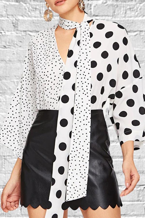 V-neck Asymmetric Stitching Polka Dot Blouses