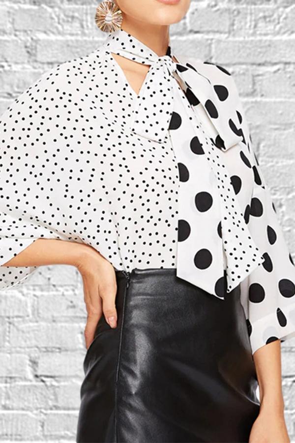 V-neck Asymmetric Stitching Polka Dot Blouses