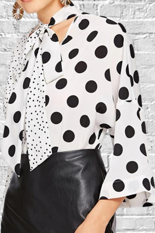 V-neck Asymmetric Stitching Polka Dot Blouses