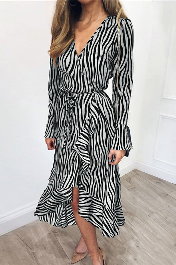 Sexy V-neck Tiger Print Long Sleeve Chiffon Dress