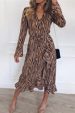 Sexy V-neck Tiger Print Long Sleeve Chiffon Dress