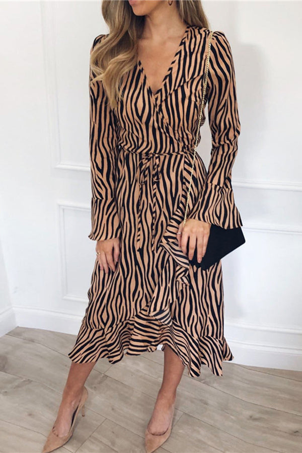 Sexy V-neck Tiger Print Long Sleeve Chiffon Dress