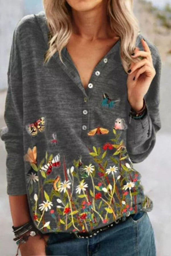 Floral butterfly print casual V-neck long-sleeved shirt