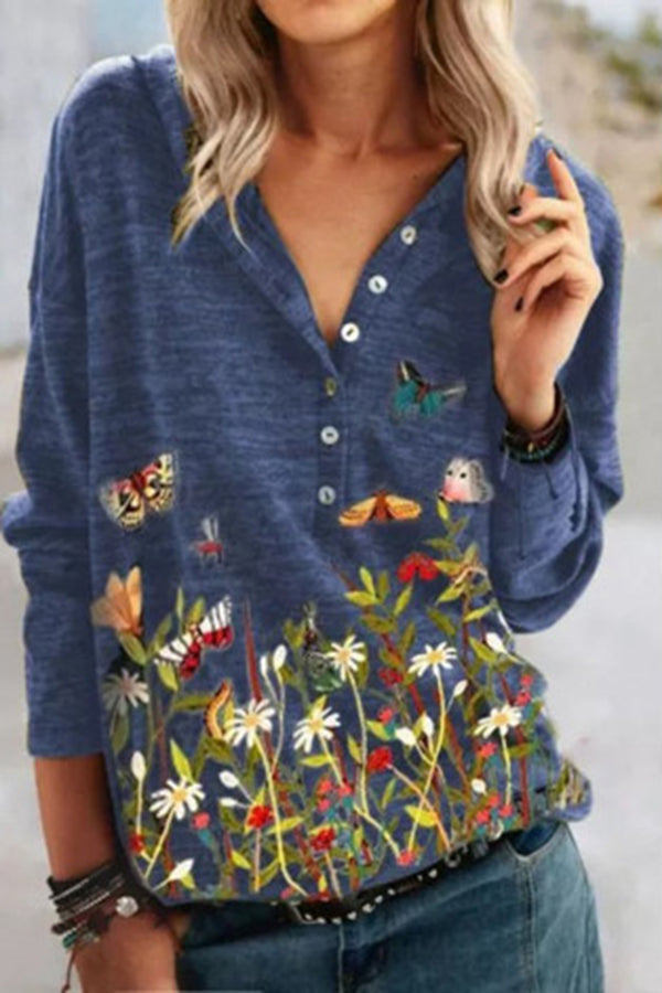 Floral butterfly print casual V-neck long-sleeved shirt