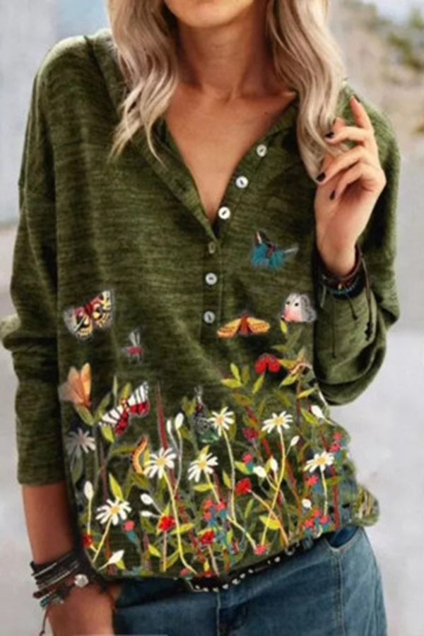 Floral butterfly print casual V-neck long-sleeved shirt