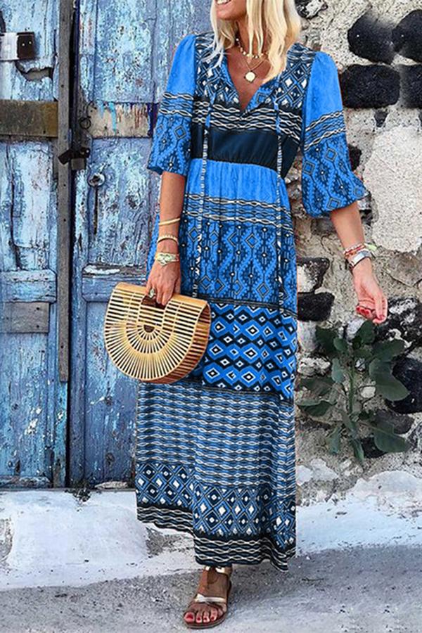 Fashionable V-neck Bohemian Loose Printed Dress