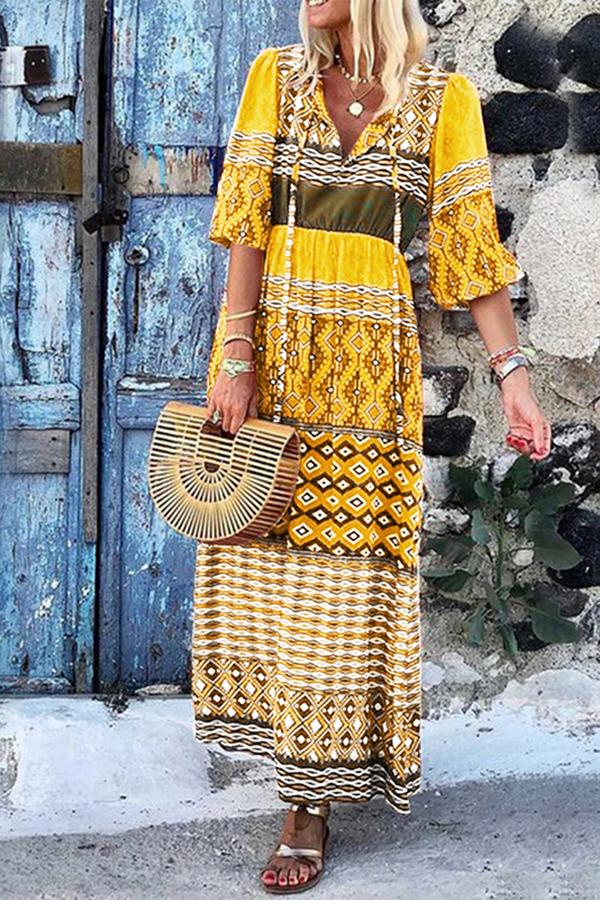 Fashionable V-neck Bohemian Loose Printed Dress