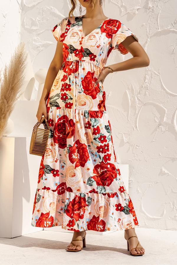 V-neck Floral Print Maxi Dress