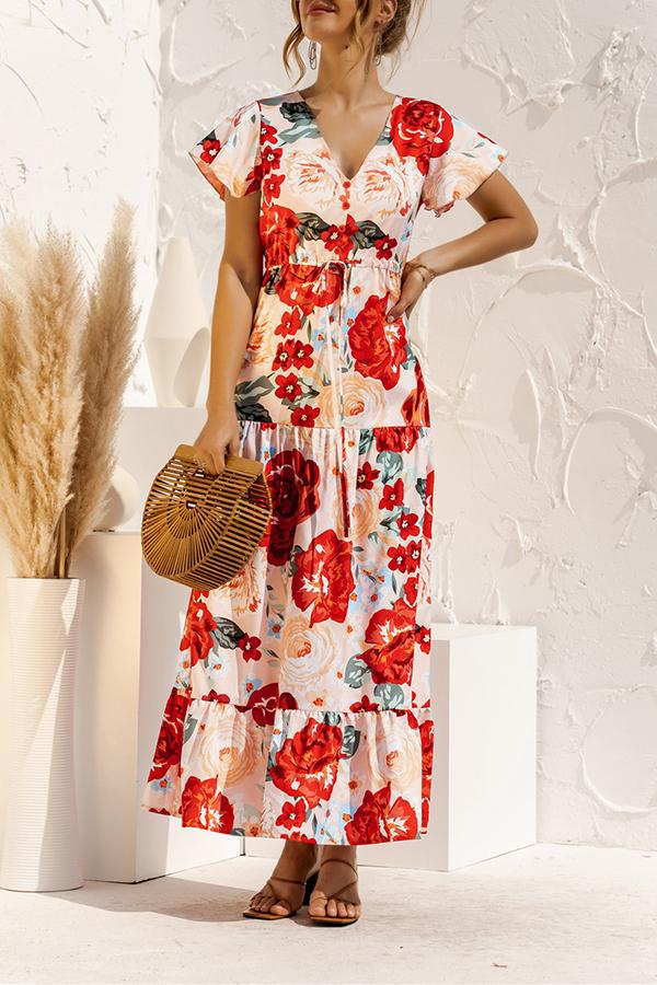 V-neck Floral Print Maxi Dress