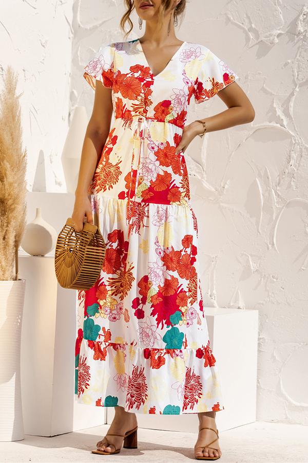 V-neck Floral Print Maxi Dress