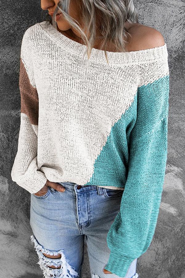 Irregular Color Block Off-shoulder Sweater