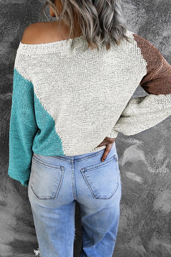 Irregular Color Block Off-shoulder Sweater