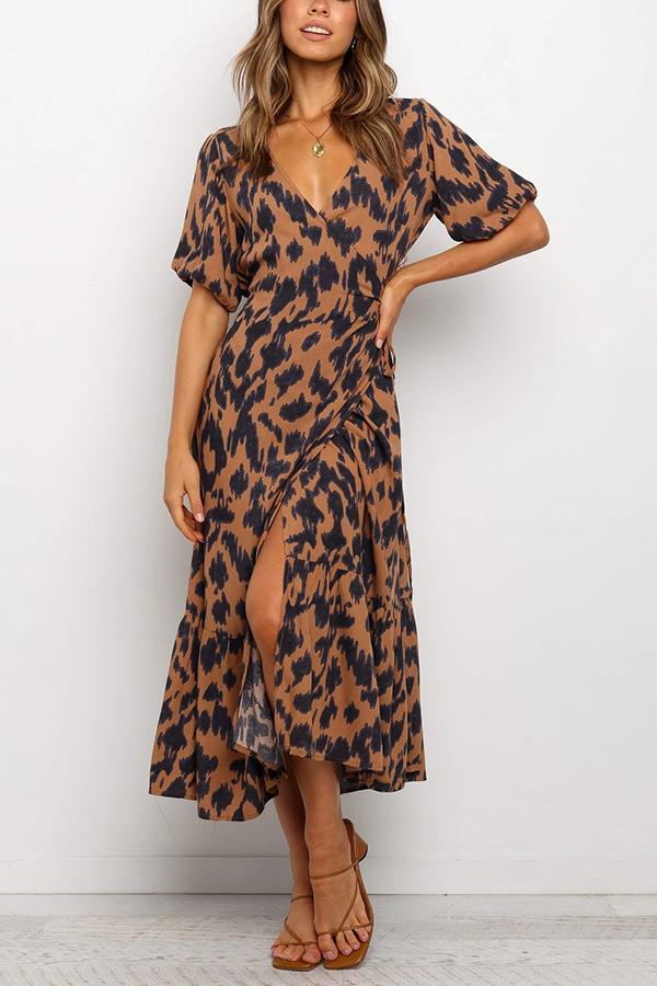 V-neck Lace-up Temperament Leopard Print Long Dress