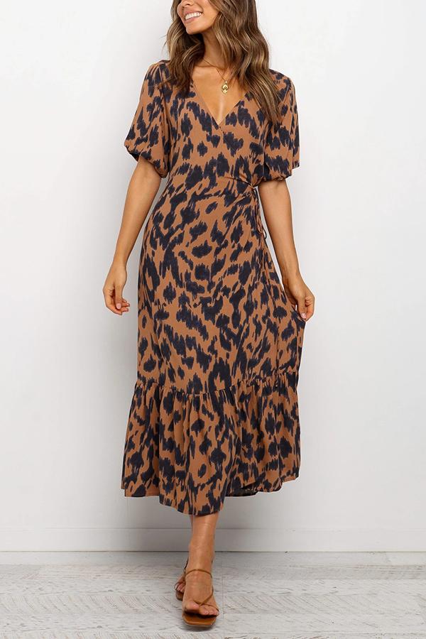 V-neck Lace-up Temperament Leopard Print Long Dress