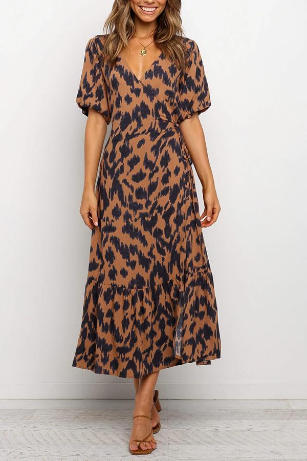 V-neck Lace-up Temperament Leopard Print Long Dress