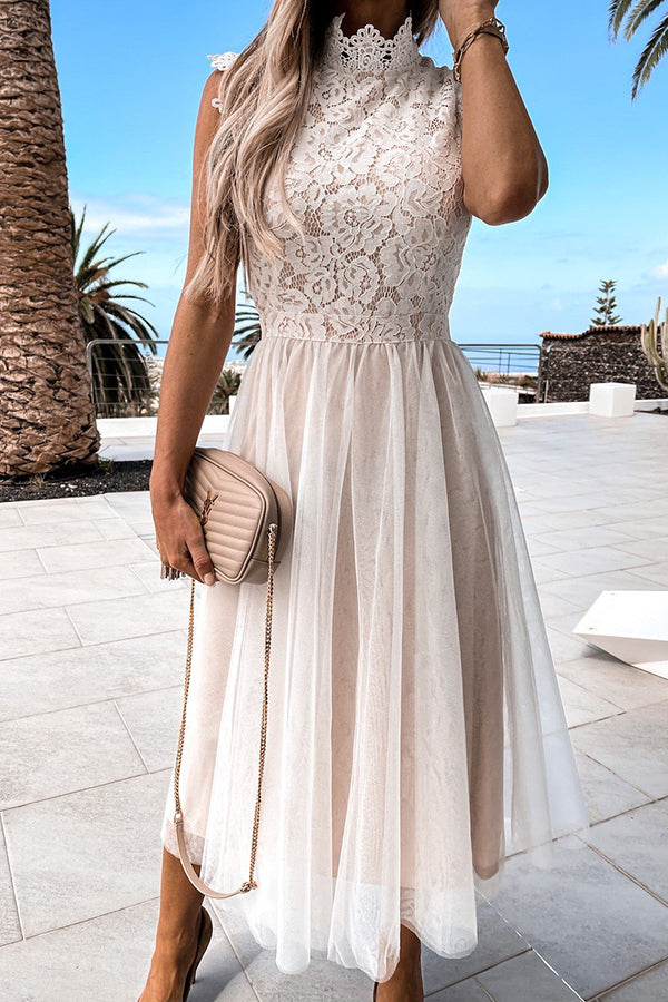 Playful Lace Mesh Stitching Sleeveless Midi Dress