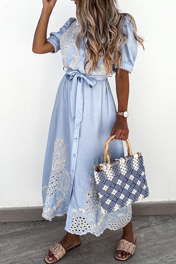 Lace Stitching Blue Midi Dress