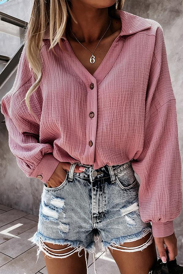 V-neck Buttoned Lantern Sleeve Shirt