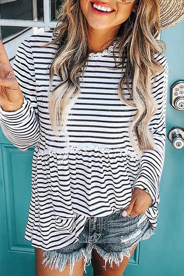 Striped Lace Stitching Round Neck Long Sleeve Top