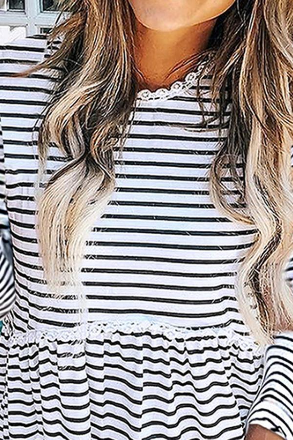 Striped Lace Stitching Round Neck Long Sleeve Top