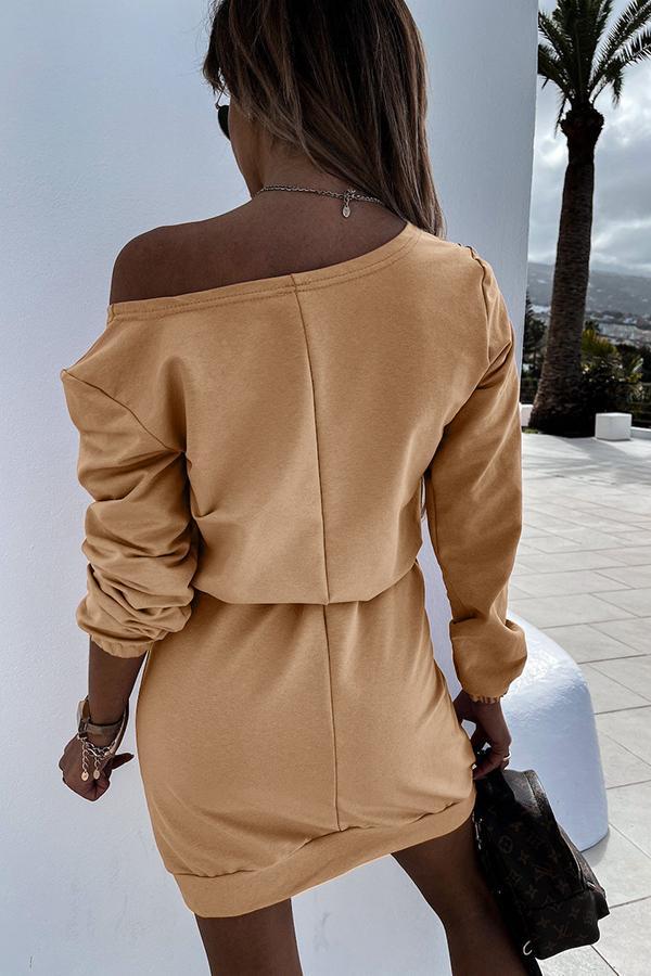 Solid Color Slanted Shoulder Lantern Sleeve Mini Dress