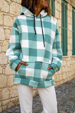 Plaid Long Sleeve Drawstring Pocket Hoodie