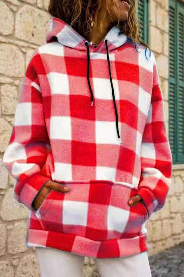 Plaid Long Sleeve Drawstring Pocket Hoodie