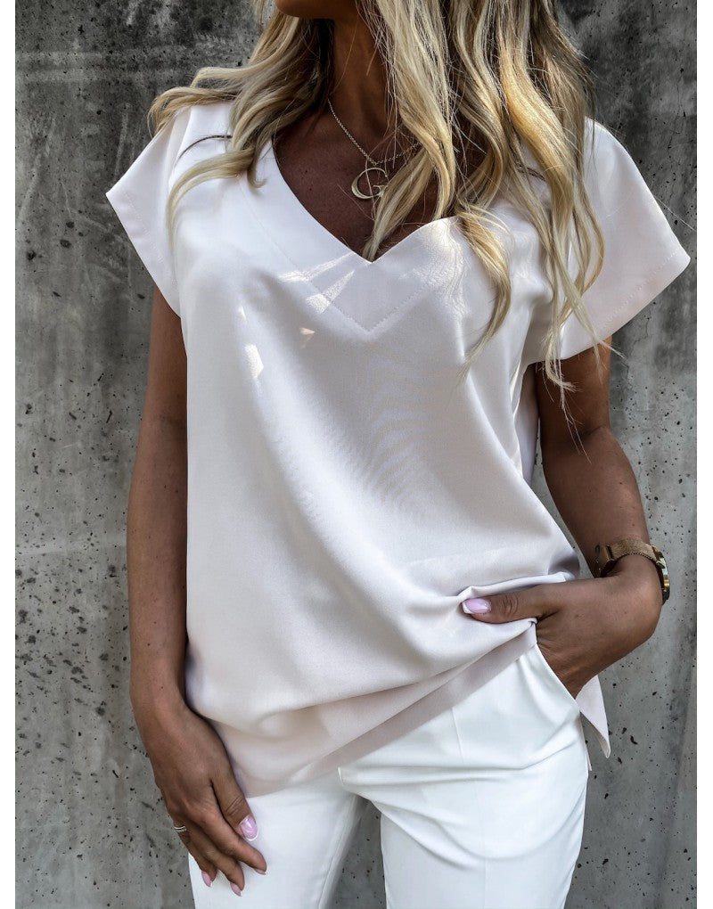 Solid V-Neck Short Sleeves Casual Basic Blouses