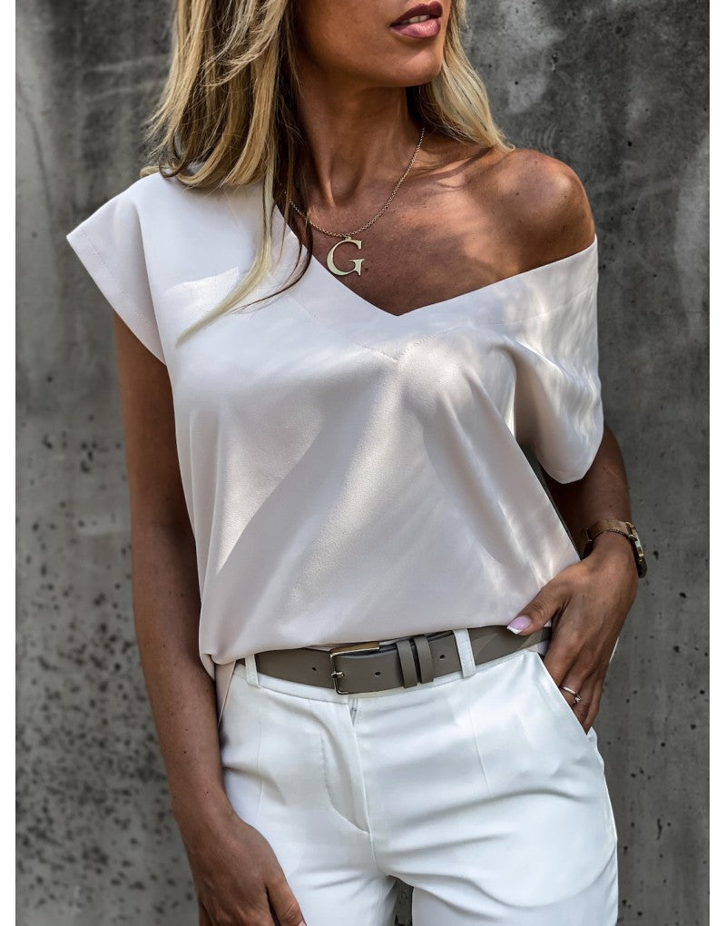 Solid V-Neck Short Sleeves Casual Basic Blouses