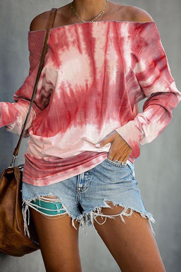 Off-the-shoulder Tie-dye Long-sleeved T-shirt