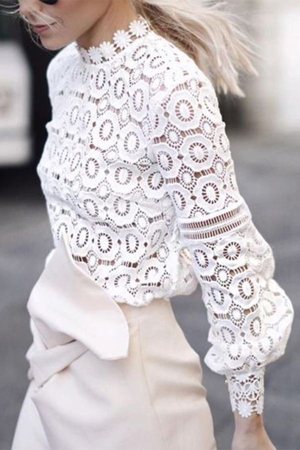 Hollow Lace Lantern Sleeve Top