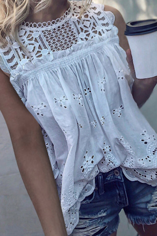 White Strapless Lace Cutout Sleeveless Shirt