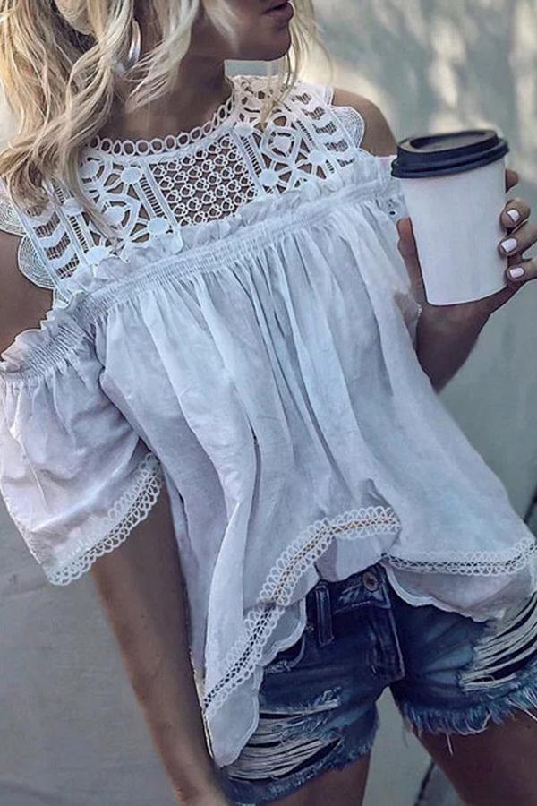 White Strapless Lace Cutout Sleeveless Shirt