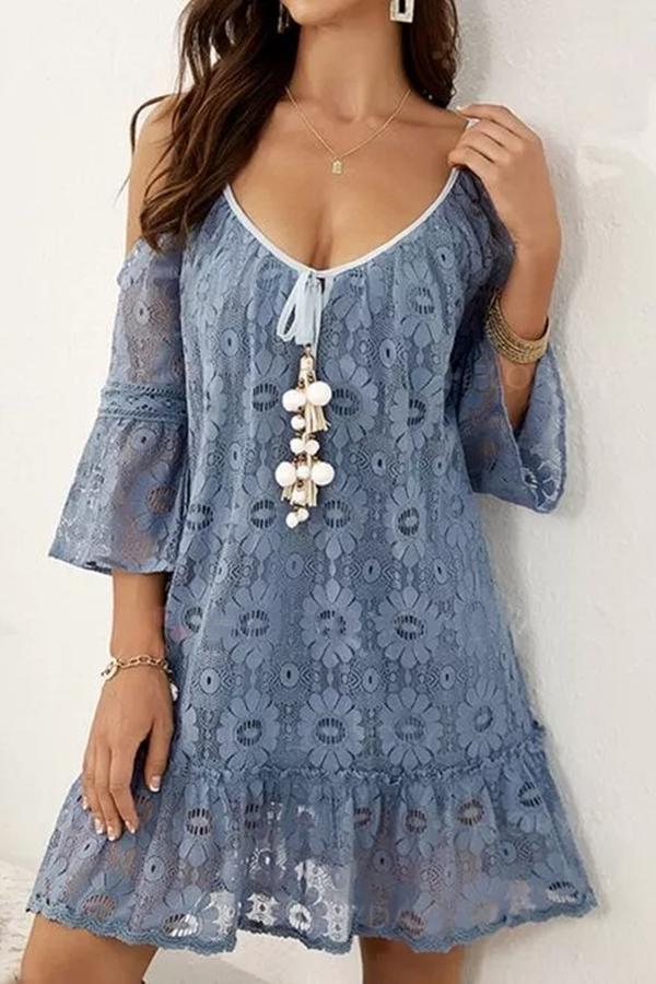 Flared Sleeve Mid-length Casual Lace Dress