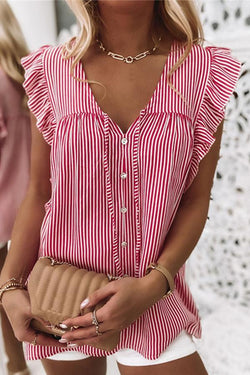 Striped Printed V-neck Short-sleeved Shirt