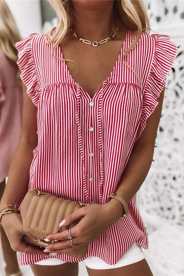 Striped Printed V-neck Short-sleeved Shirt