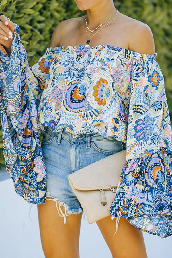 Off Shoulder Long-sleeved Printed Shirt