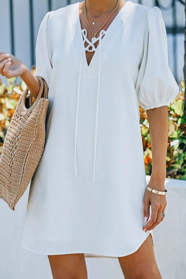 Pure Color Linen Blend Puff Sleeve V-neck Dress