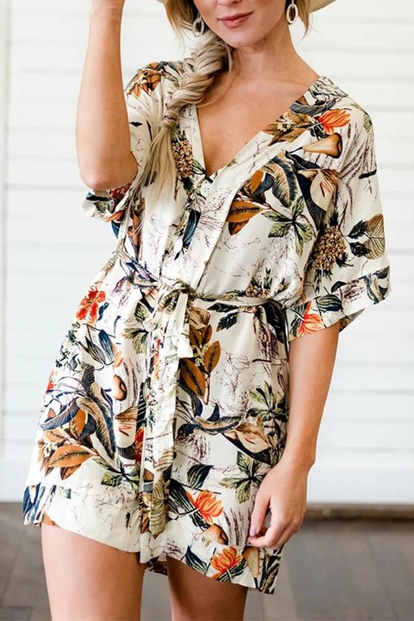 Fashion Lace-up Printed V-neck Short-sleeved Dress