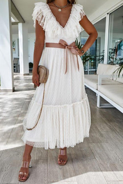 V-neck Pleated Short Sleeve Dress