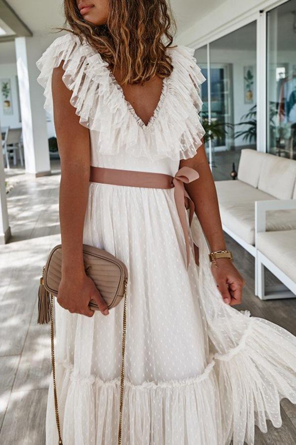 V-neck Pleated Short Sleeve Dress