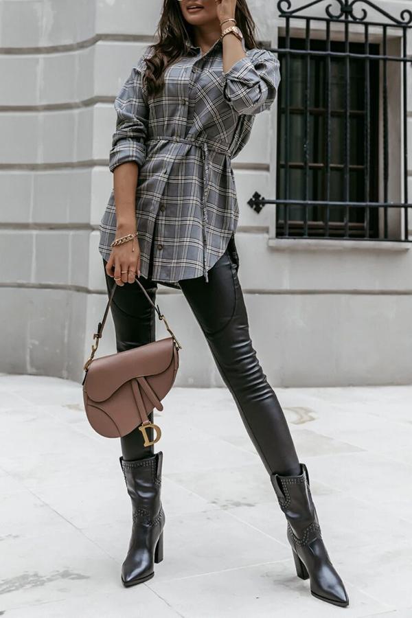 Plaid Print Mid-length Long-sleeved Shirt