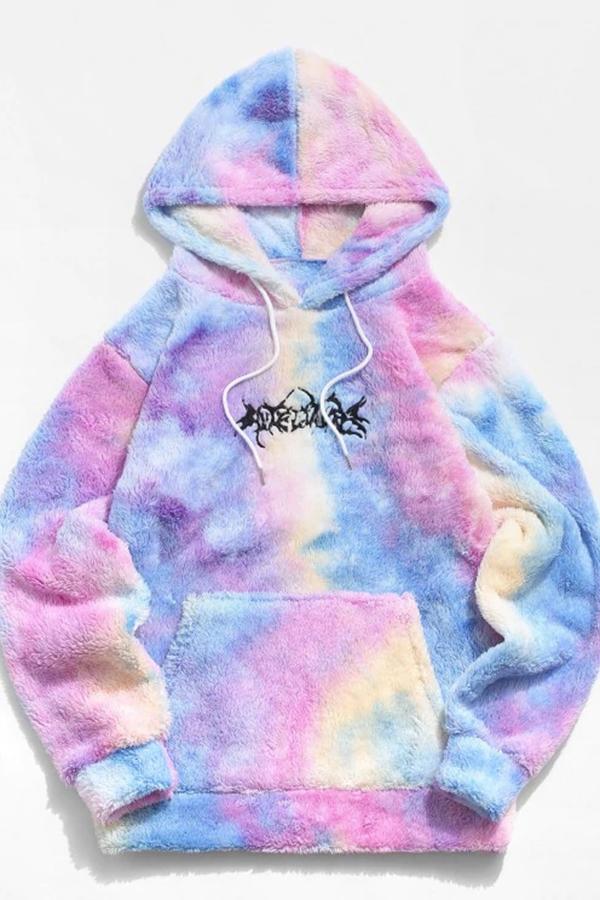 Tie-dye Embroidered Plush Hooded Sweatshirt