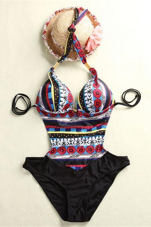 Ladies One Piece Swimsuit Bohemian Vintage Print