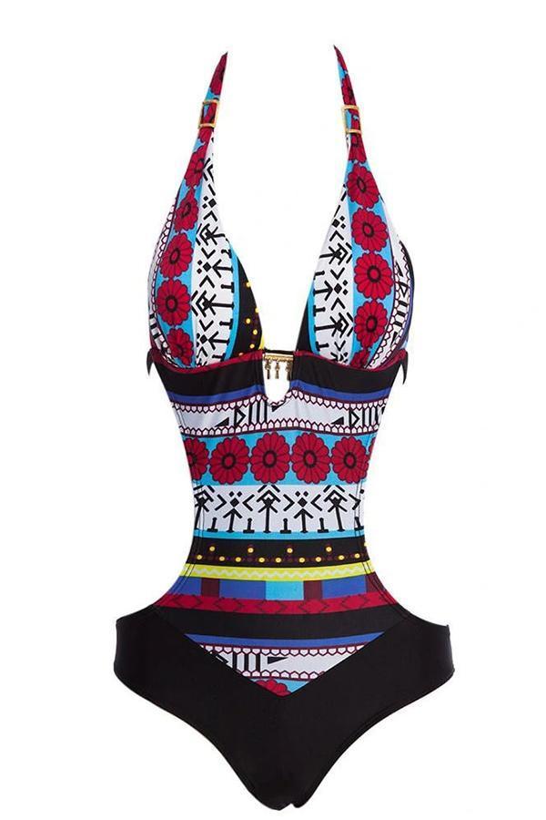 Ladies One Piece Swimsuit Bohemian Vintage Print